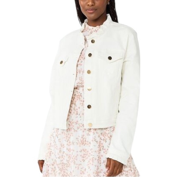 Draper James White Denim Ruffle Trim Cropped Jean Jacket - L - Picture 3 of 15